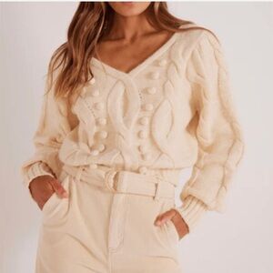 MINKPINK Rare Amina Bobble Balloon Sleeve Chunky Cream Criss Cross Sweater NWOT